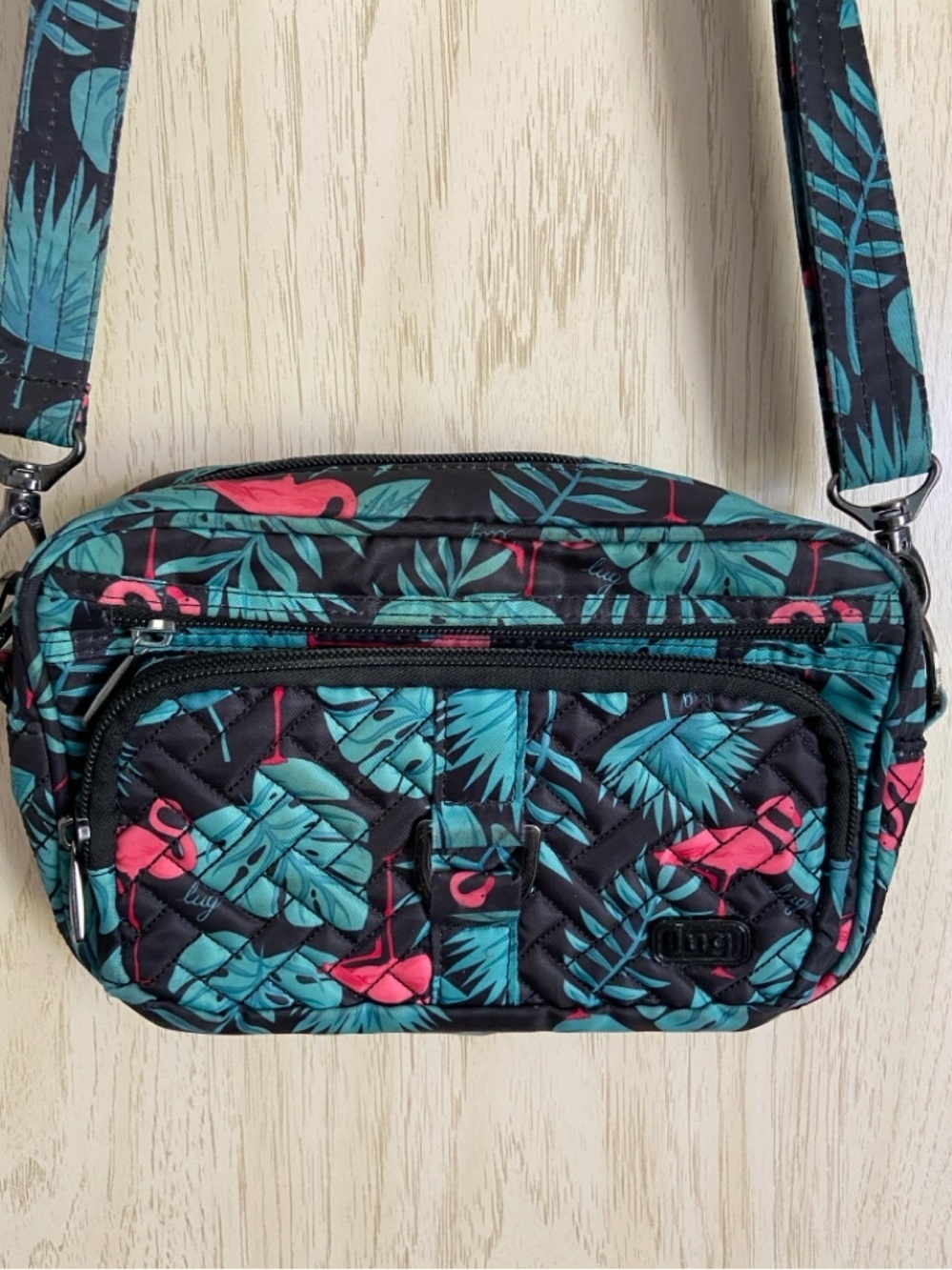 LUG Carousel Convertible Crossbody Belt Bag Pockets Flamingo Palm Tropical